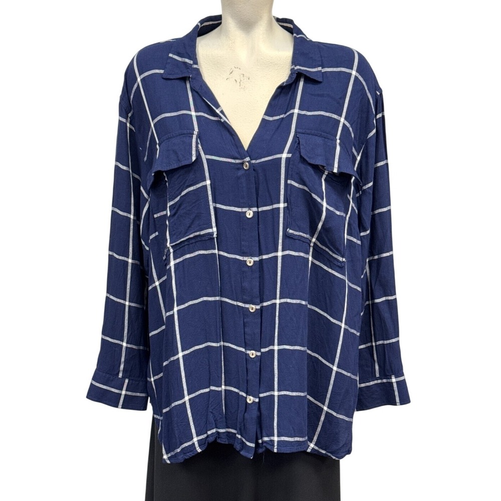 GIBSON LATIMER Navy White Plaid Button Up Shirt 100% Rayon Size 2X